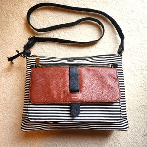 Fossil Women's Medium Crossbody Purse Handbag Black Stripe With Leather Strap